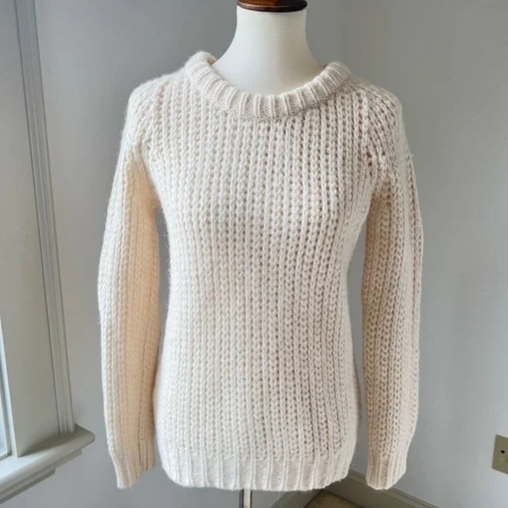 THEORY Disora B Chunky Knit Wool Blend Crew Neck Cream Sweater